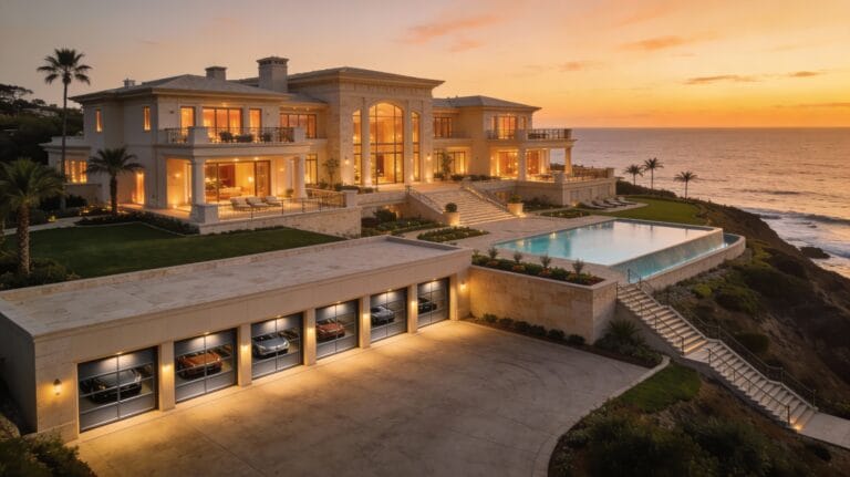 Glass-fronted waterfront mansion with private dock and 10‑car gallery