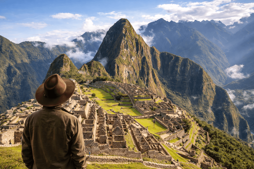 Person standing on a hill overlooking Machu Picchu and the Andes mountains in a wide panoramic view.
