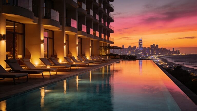 Rooftop infinity pool at a luxury hotel glowing at sunset, with chic loungers and a glittering city skyline reflected in the still water.