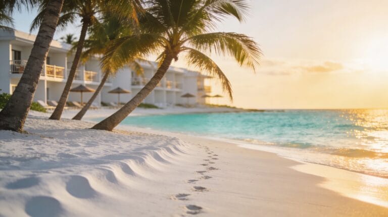 Soft white sand, leaning palms, and a turquoise Caribbean shoreline at golden hour, with a discreet beachfront resort in the distance setting the scene for a luxe Barbados escape.