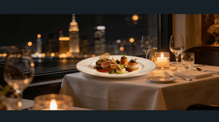 An intimate Michelin-level dining room with candlelit tables and a softly glowing city skyline, capturing the timeless romance of a special-occasion tasting menu.