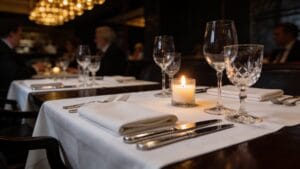 Elegant fine-dining table with crisp white tablecloth, polished silverware, crystal wine glasses, and candlelit centerpiece in a dim, upscale restaurant.