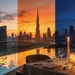 Luxury hotel terrace suite at sunset with a private lounge area, city skyline views, soft ambient lighting, and a glass of champagne set on a low table.