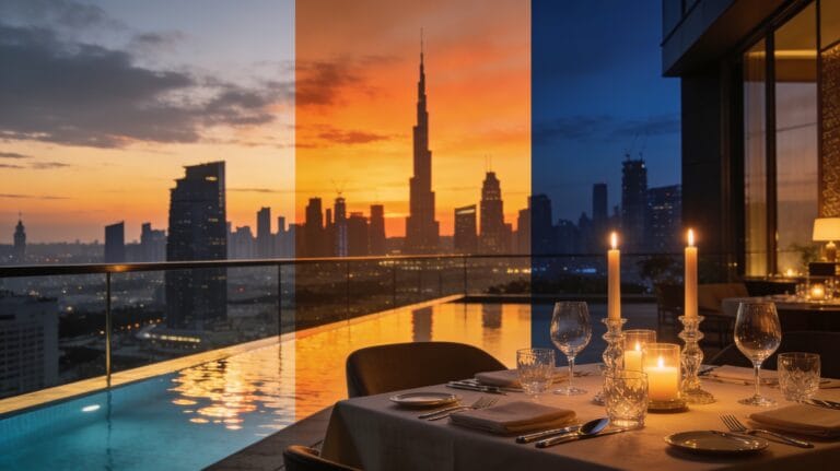 Luxury hotel terrace suite at sunset with a private lounge area, city skyline views, soft ambient lighting, and a glass of champagne set on a low table.