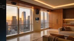 Contemporary luxury living room with floor-to-ceiling windows, warm natural materials, smart home panels, and a modern city skyline view at sunset.