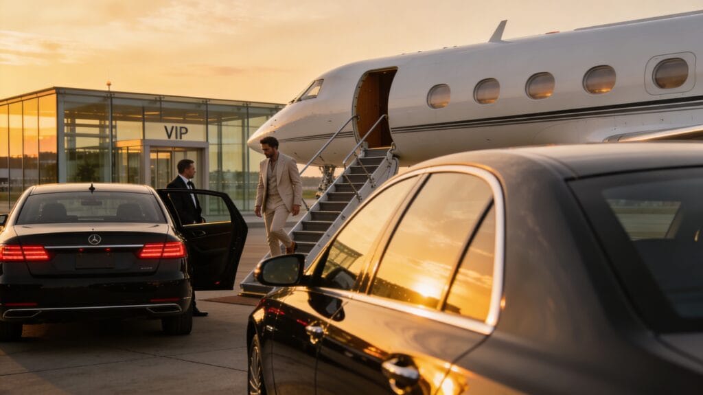 A stylish traveler stepping down from a sleek private jet toward a waiting black luxury sedan at golden hour, with a minimalist VIP terminal in the background and no visible logos or text.