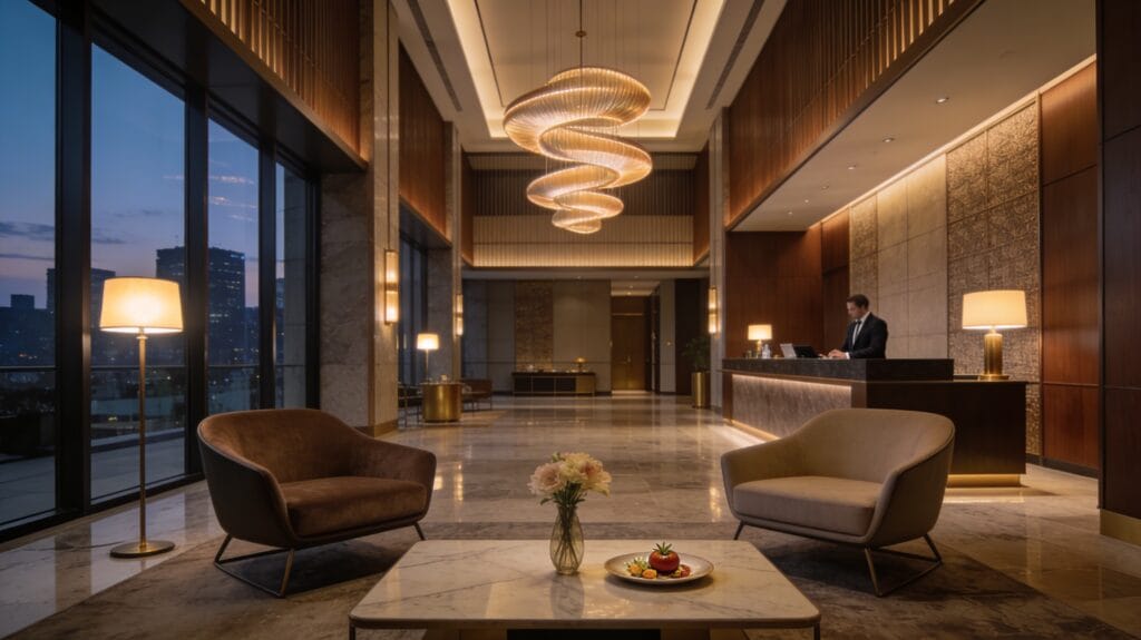 A warm, high-ceiling luxury hotel lobby at dusk, with premium materials, sculptural lighting, and discreet personalized service that hints at true five-star quality beyond the price tag.