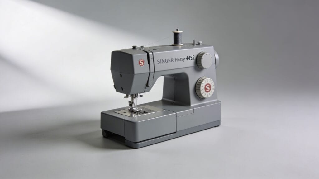 Gray Singer Heavy Duty 4452 sewing machine in three-quarter front view on a light studio background, showing the control dials, needle area, top spool, and clearly printed 4452 model number on the front, with no additional objects in the image (see image above).