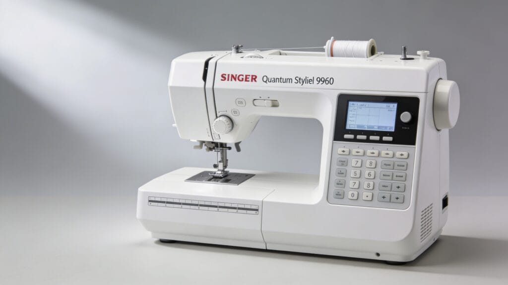 Singer Quantum Stylist 9960 computerized sewing machine in three-quarter front view on a light gray studio background, showing its LCD screen, control buttons, stitch selection panel, and top thread area with no other objects in the image.
