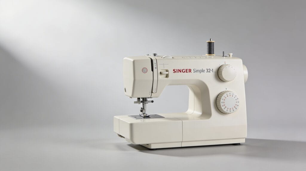 Light-colored Singer Simple 3232 sewing machine in three-quarter front view on a light gray studio background, photographed in soft, even lighting with no text in the image. (see image above)