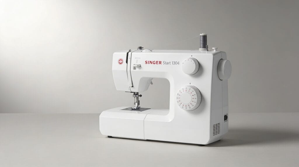 Compact white Singer Start 1304 sewing machine in three-quarter front view on a light gray studio background, photographed in soft, even lighting with no text in the image.(see the image above)