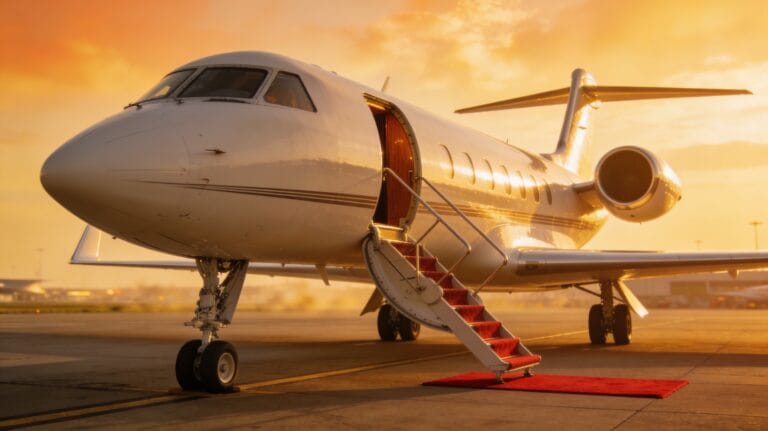 Private jet with stairs and red carpet on runway at sunset