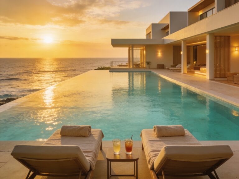 Infinity pool at sunset overlooking the ocean with lounge chairs and drinks