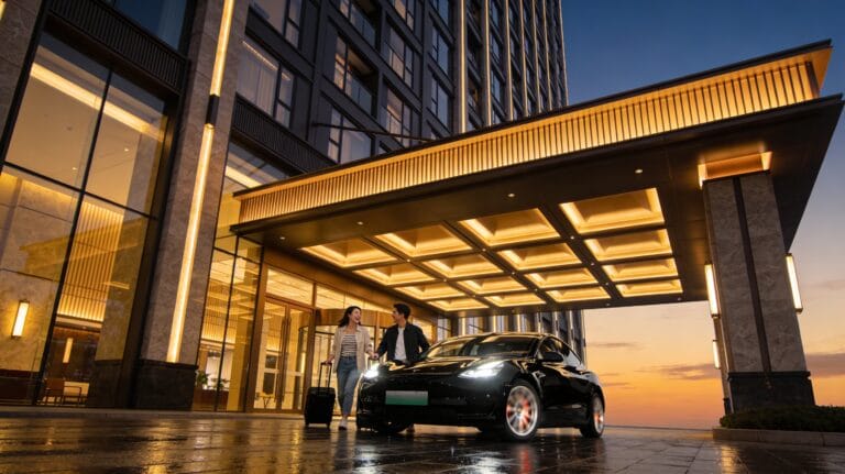 Couple arriving at a contemporary luxury hotel at dusk in a sleek black car for a spontaneous high-end getaway.