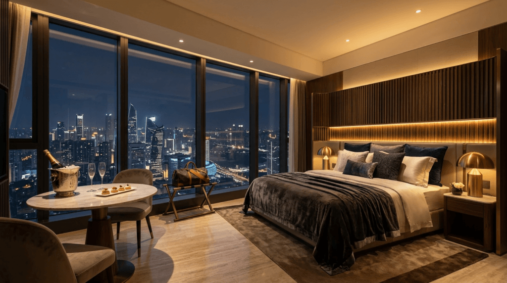 Contemporary luxury hotel suite with floor-to-ceiling city views, a plush king bed, and in-room champagne setup.