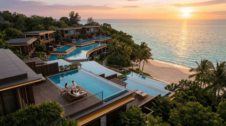 Aerial view of a coastal luxury resort with infinity pools and private suites facing the ocean at sunset.