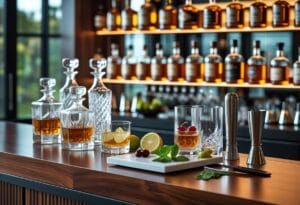 A luxury home bar with liquor bottles, crystal decanters, whiskey glasses, cocktail tools, and fresh garnishes on a polished wooden counter.