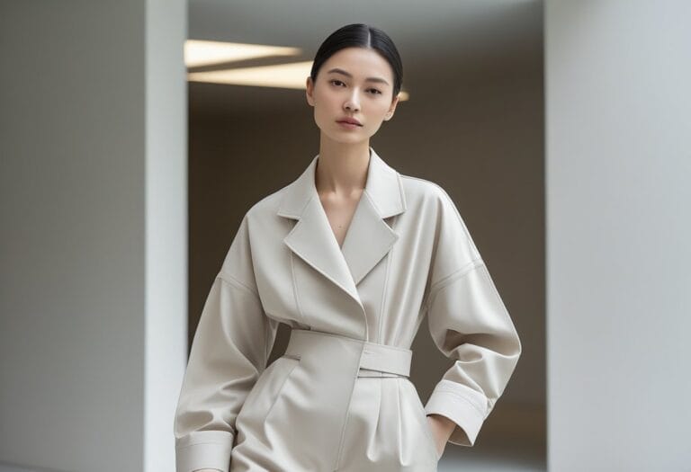 A person wearing elegant, minimalist clothing in neutral colors poses indoors with soft natural light.