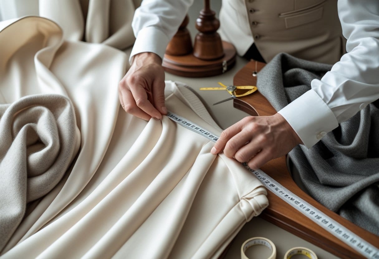 Close-up of a tailor working with high-quality fabrics and tools on a dress form in a well-lit workspace.