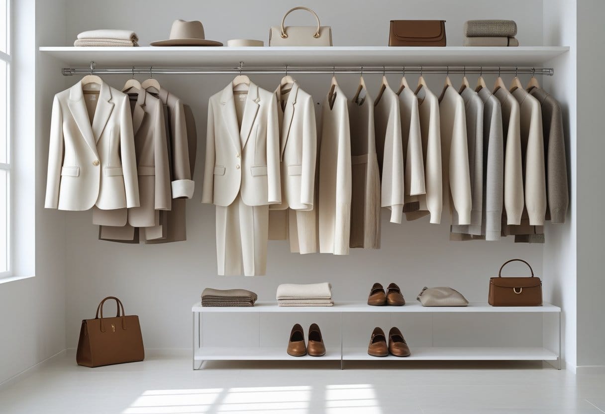 A neatly organized wardrobe with neutral-colored clothing and accessories arranged on shelves and hangers in a bright room.