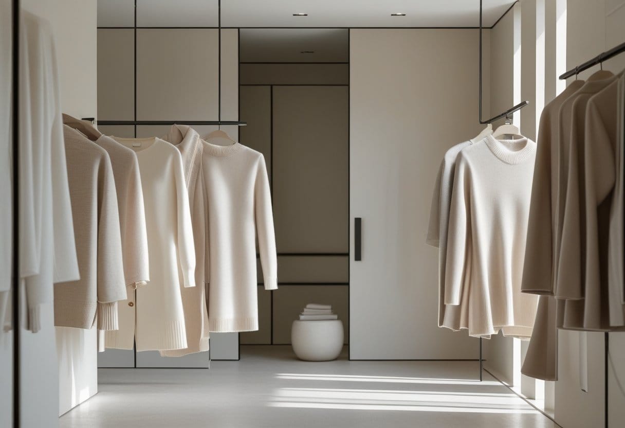 A minimalist dressing room with neutral-toned high-quality clothing displayed on a rack and soft natural lighting.