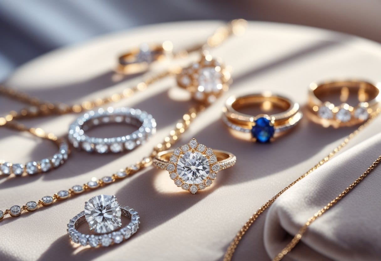 Close-up of various luxury jewelry pieces including rings, necklaces, and bracelets displayed on a soft surface.