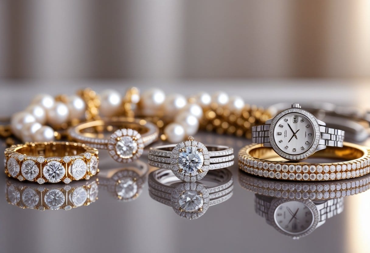 A close-up view of various luxury jewelry pieces including rings, bracelets, necklaces, and watches arranged on a reflective surface.