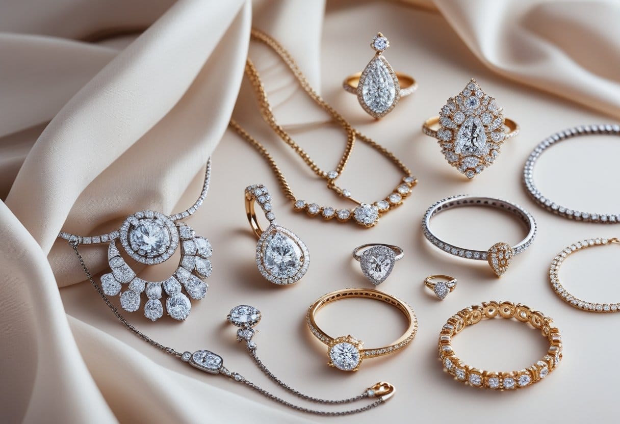 A close-up view of various luxury jewelry pieces including diamond necklaces, gemstone rings, and bracelets arranged on a soft fabric background.