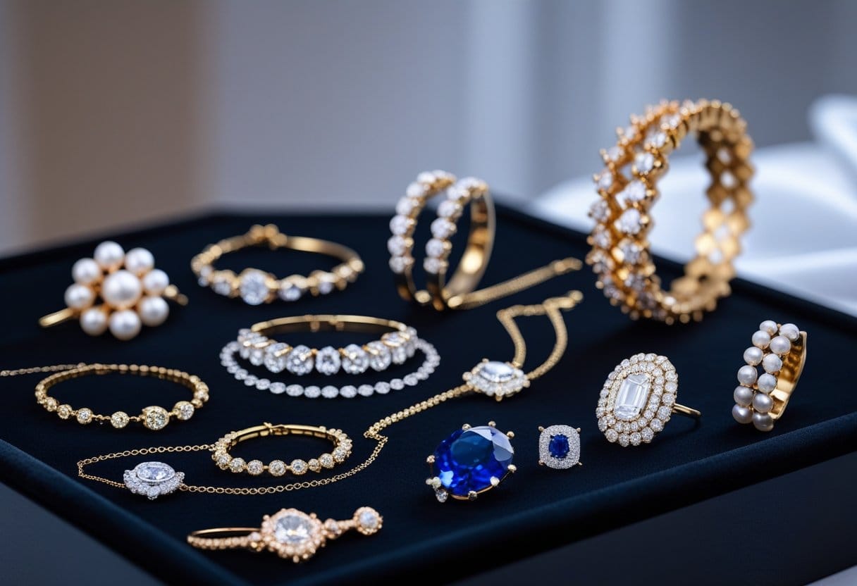 A close-up view of various luxury jewelry pieces including diamond necklaces, rings, bracelets, and earrings arranged on a dark surface.