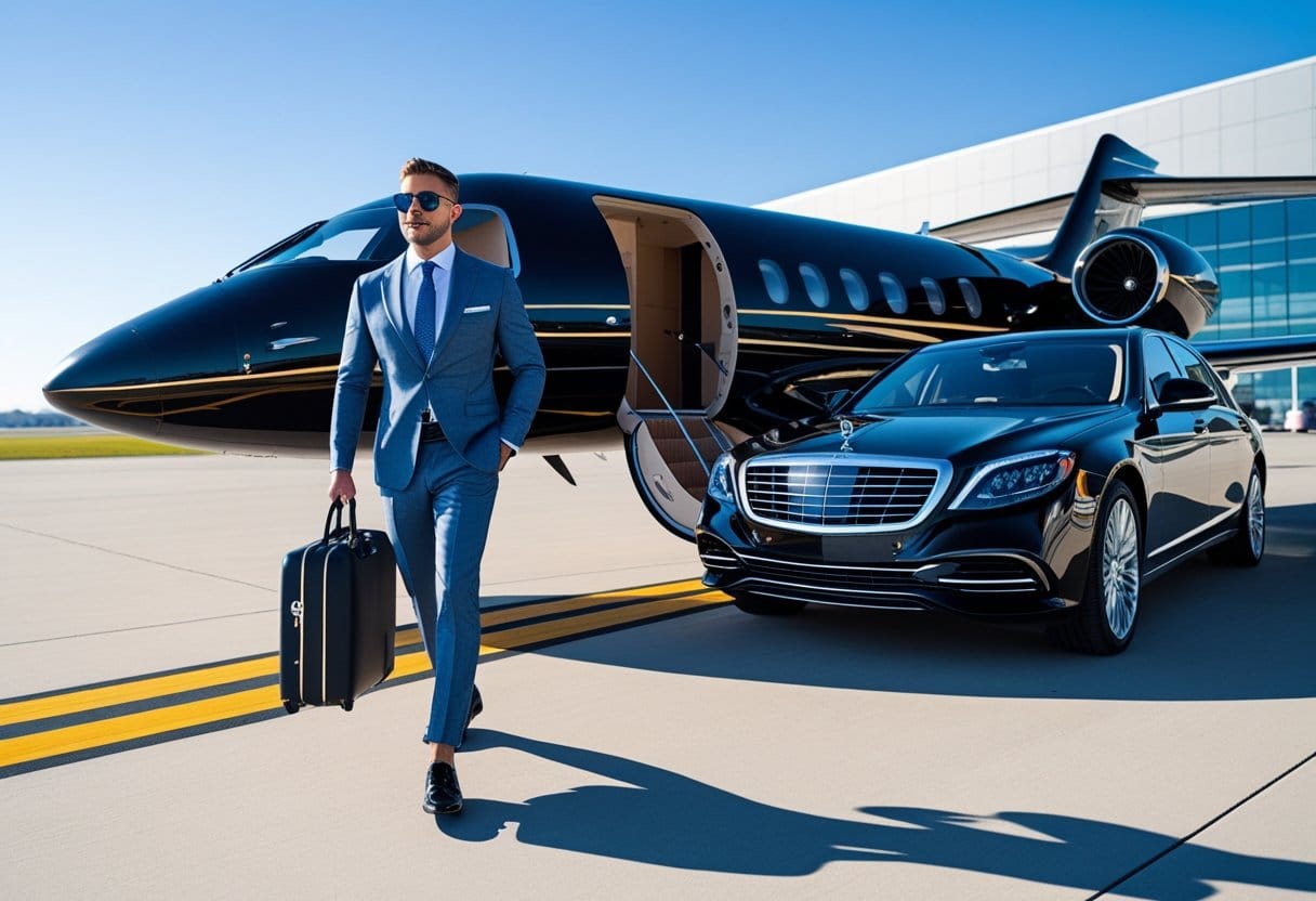 A stylish traveler stepping off a private jet with a chauffeur opening a luxury car door at an airport.