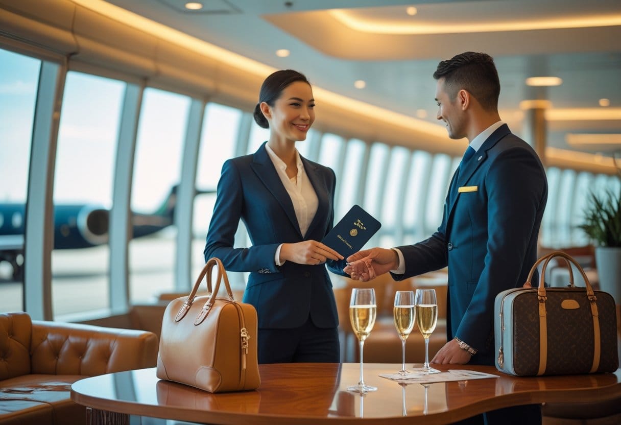 A well-dressed traveler in an airport lounge being assisted by a flight attendant, with private jets visible through large windows.