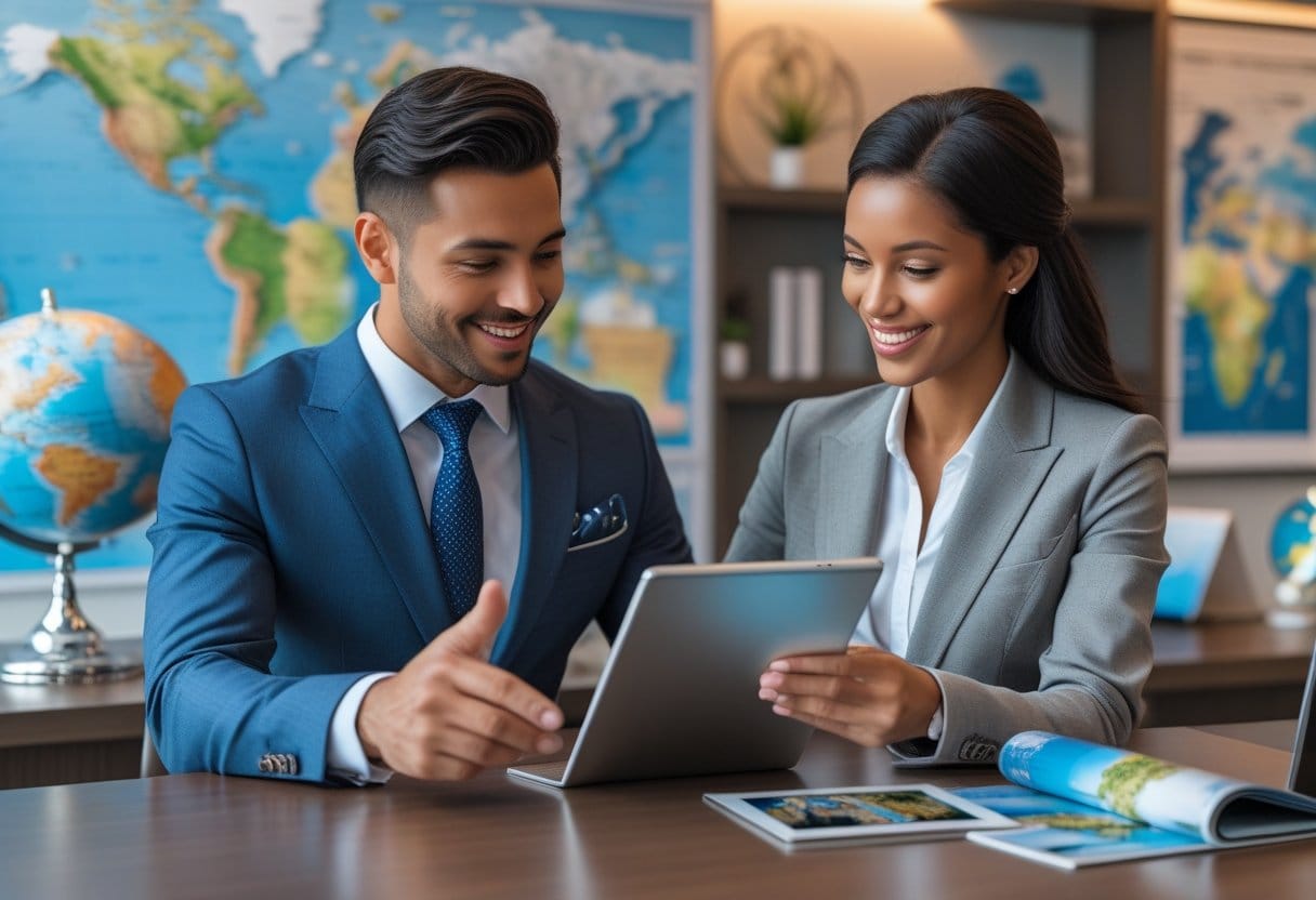 A travel advisor and a traveler discussing vacation plans in a modern office with travel-themed decor.