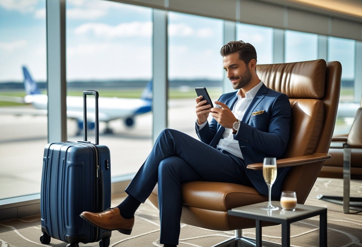 A stylish traveler sitting comfortably in an airport lounge with a suitcase, using a smartphone, with airplanes visible through large windows.