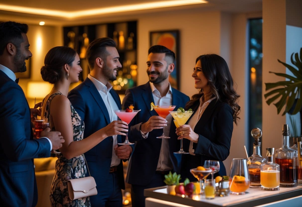 People dressed elegantly enjoying drinks and conversation at a cocktail party inside a modern home.