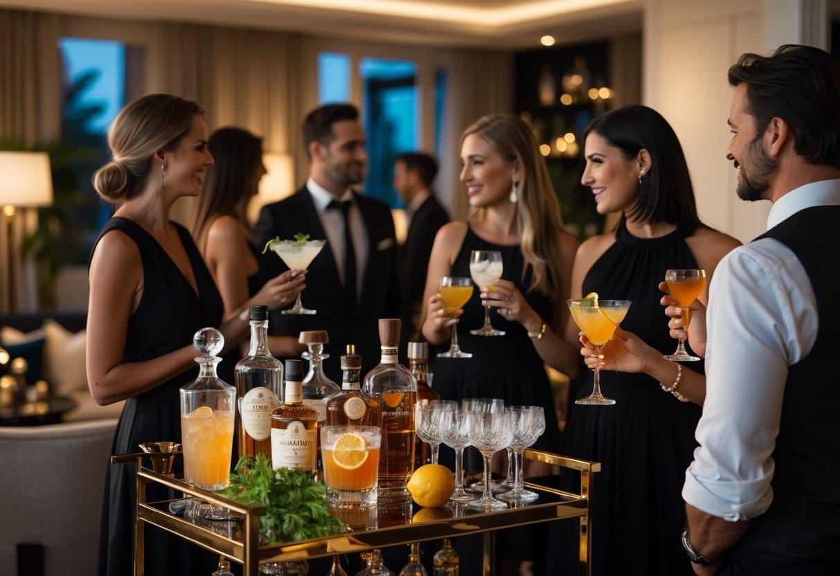 People dressed elegantly enjoying cocktails in a stylish home setting with a well-stocked bar cart and warm lighting.