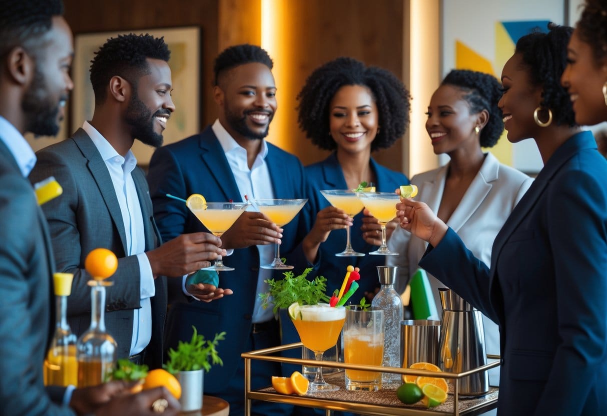 A group of people enjoying cocktails together in a stylish home living room with a bar cart and warm lighting.