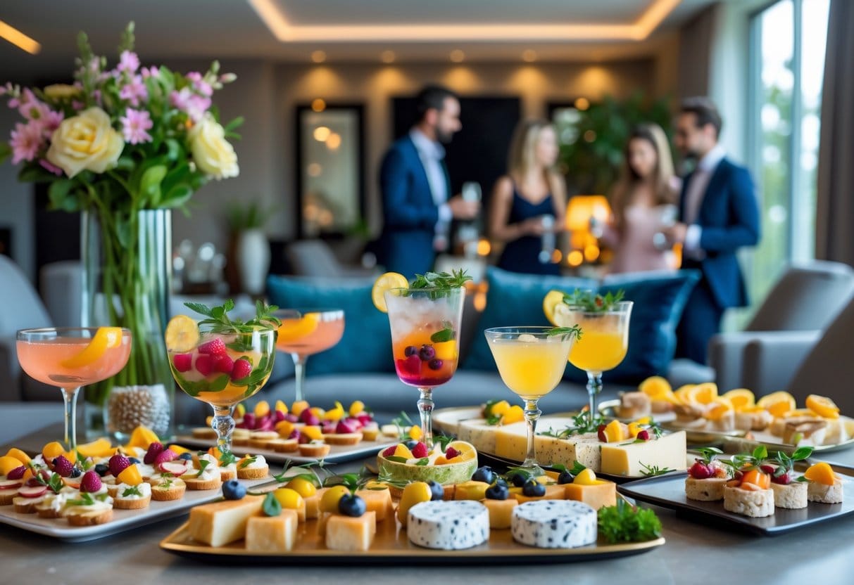 A home setting with a table displaying an elegant spread of appetizers and cocktails, with people socializing in the background.