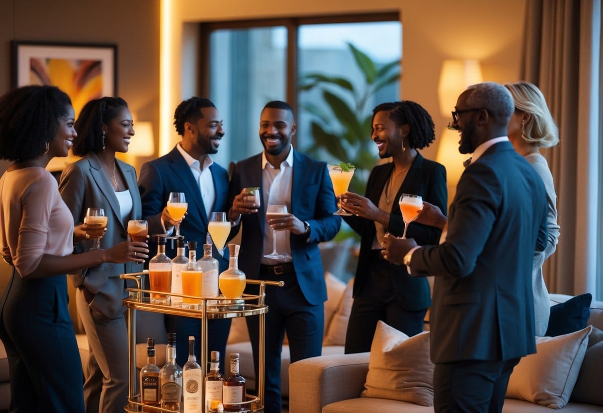 A group of well-dressed adults enjoying cocktails and conversation in a modern, elegant living room.
