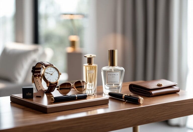 A display of beginner luxury collectibles including a wristwatch, perfume bottle, sunglasses, fountain pen, and wallet on a wooden table.