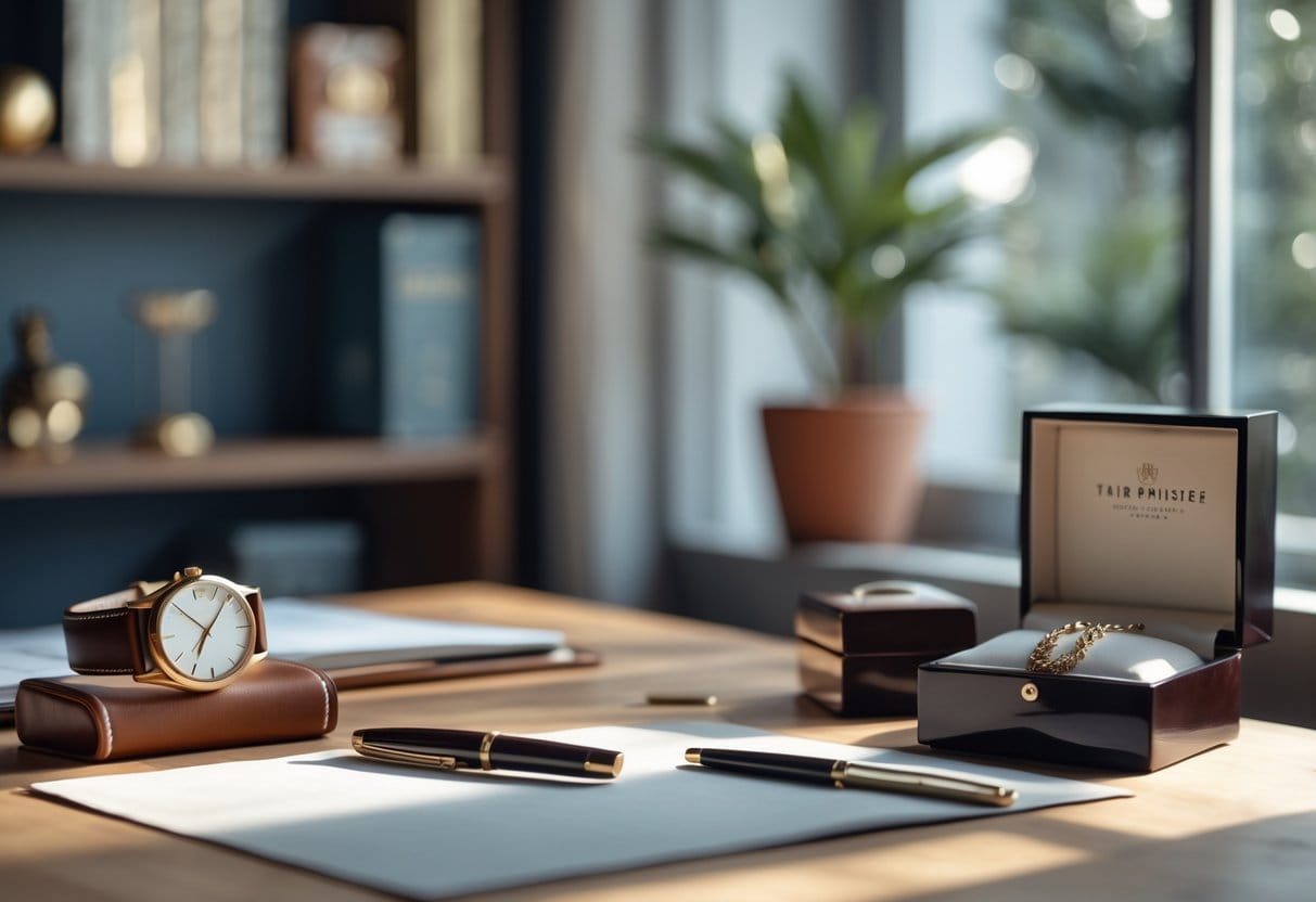 A wooden desk with a wristwatch, fountain pen, jewelry box, and leather wallet in a bright, modern room with a bookshelf and plant in the background.