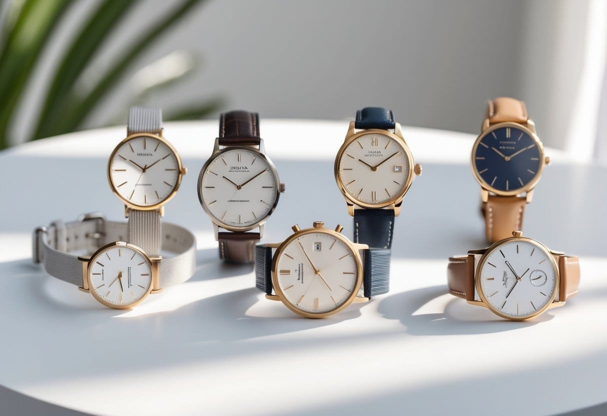 A collection of luxury watches displayed on a white surface with soft lighting emphasizing their details.