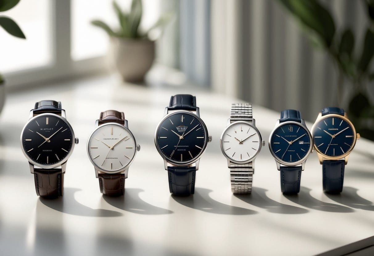 A collection of different luxury watches displayed on a clean surface, showing various styles and designs.