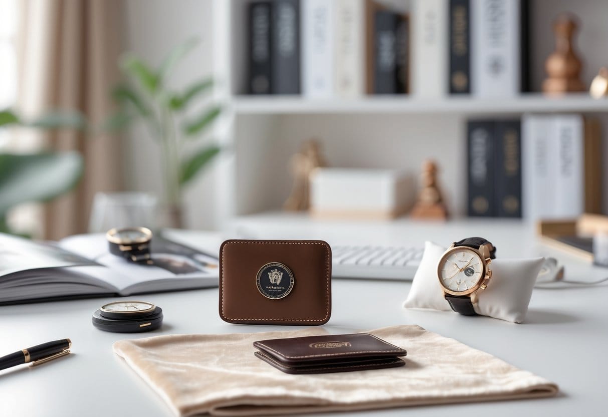 A desk with entry level luxury collectibles including a wristwatch, fountain pen, leather wallet, and a coin displayed with books in the background.