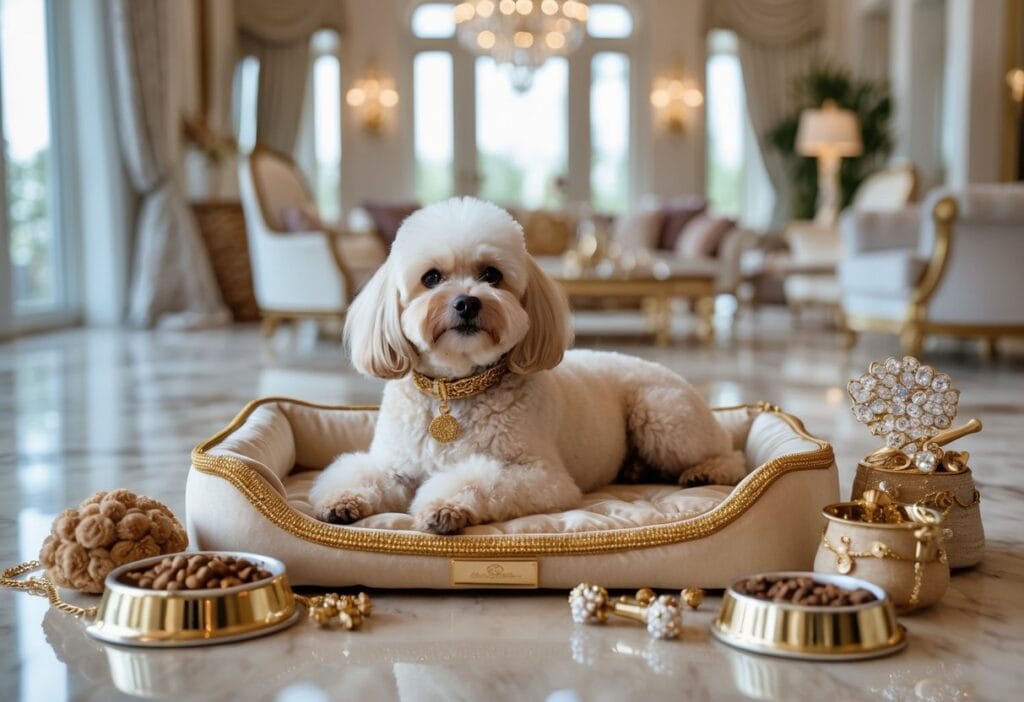 A small dog resting on a luxurious velvet pet bed surrounded by high-end pet accessories in an elegant living room.