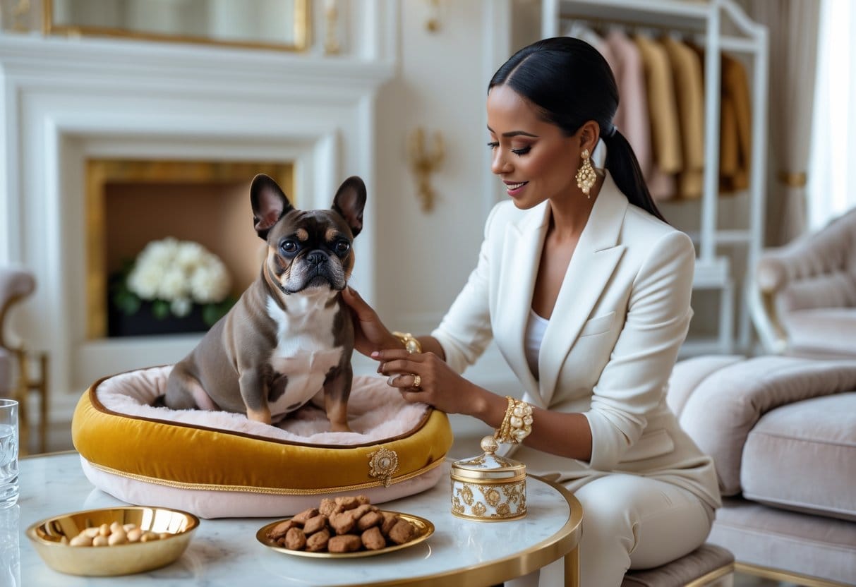 A small dog resting on a plush pet bed in a luxurious living room while a well-dressed person pets it gently.