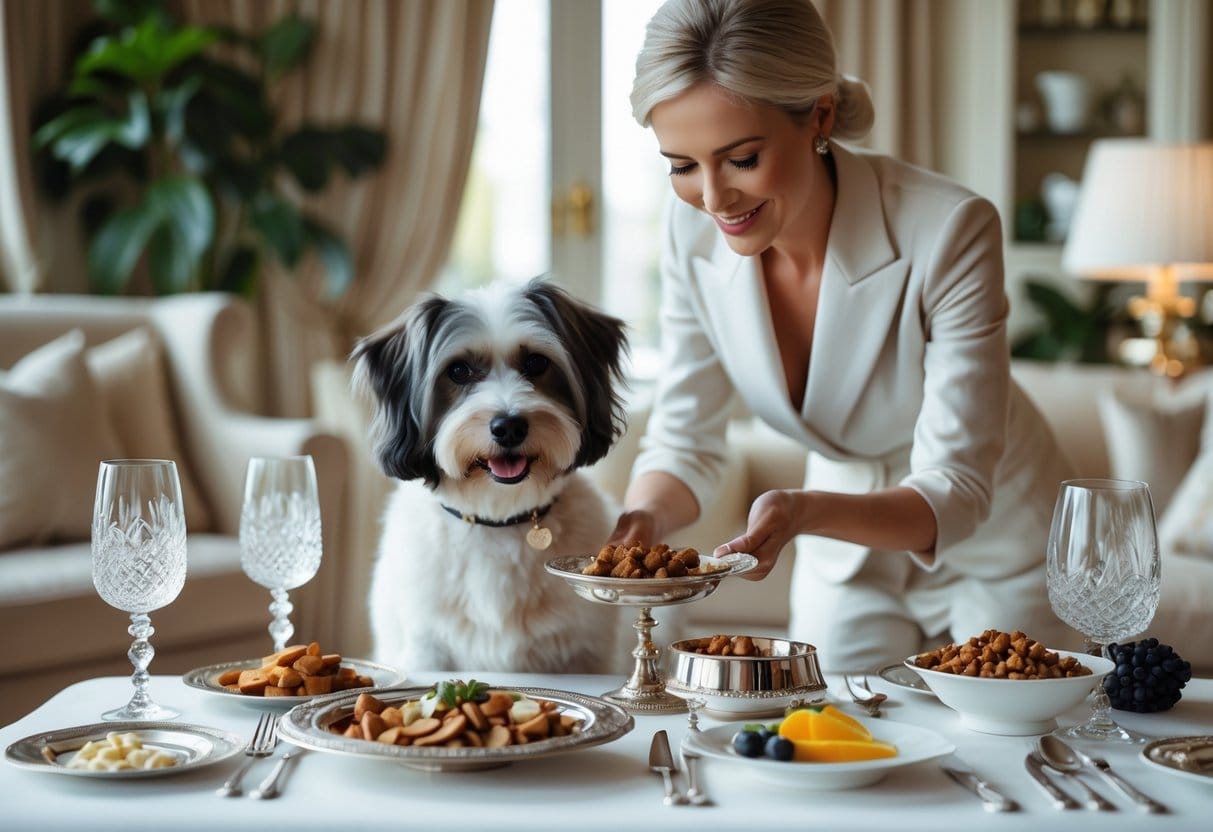 A wealthy person serving gourmet food to a well-groomed dog at an elegant dining table in a luxurious living room.