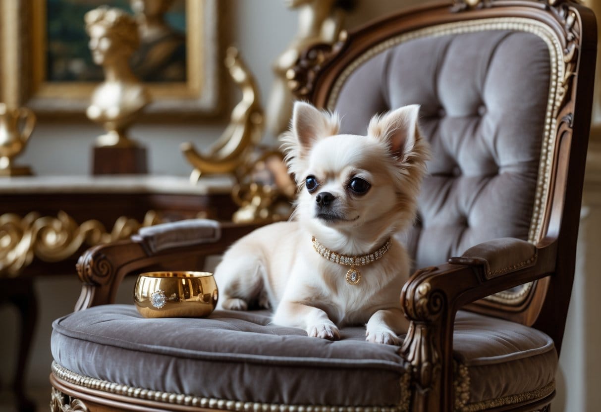 A small dog resting on a plush cushion surrounded by luxurious pet accessories and elegant art pieces in a refined room.