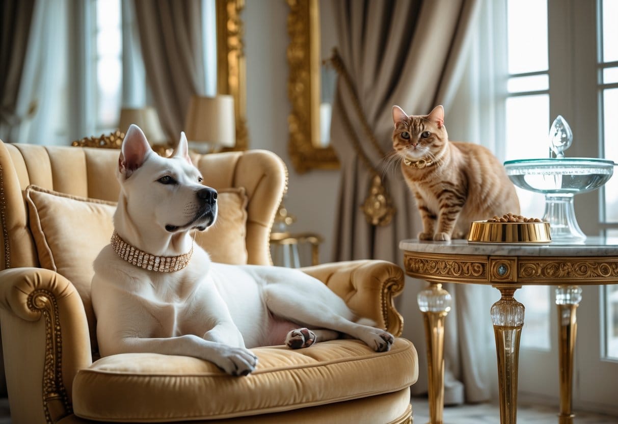 A well-groomed dog wearing a diamond collar resting on a velvet armchair next to a cat with a golden collar sitting on a marble table in a luxurious room.
