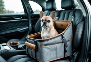 A small dog sitting comfortably inside a stylish pet carrier on the seat of a luxury car.