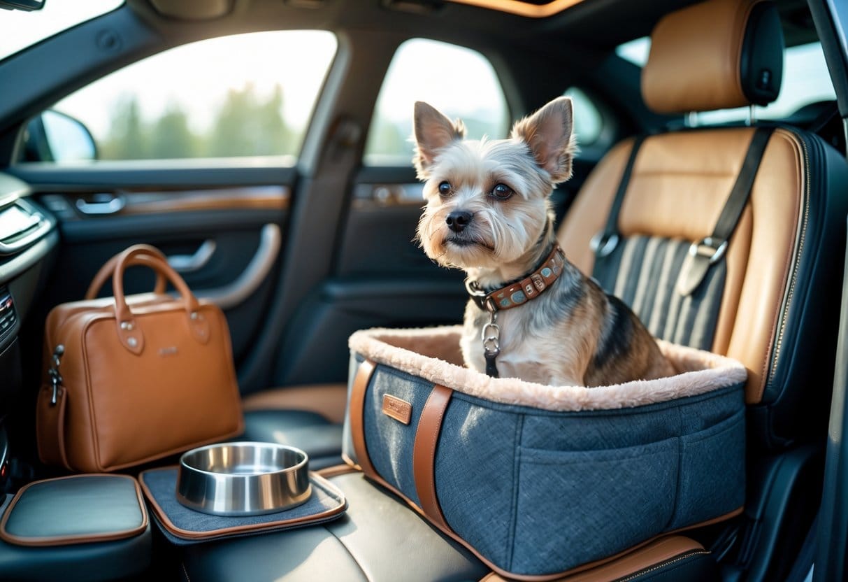 A small dog sitting comfortably inside a plush pet carrier inside a modern car with leather seats and travel accessories nearby.